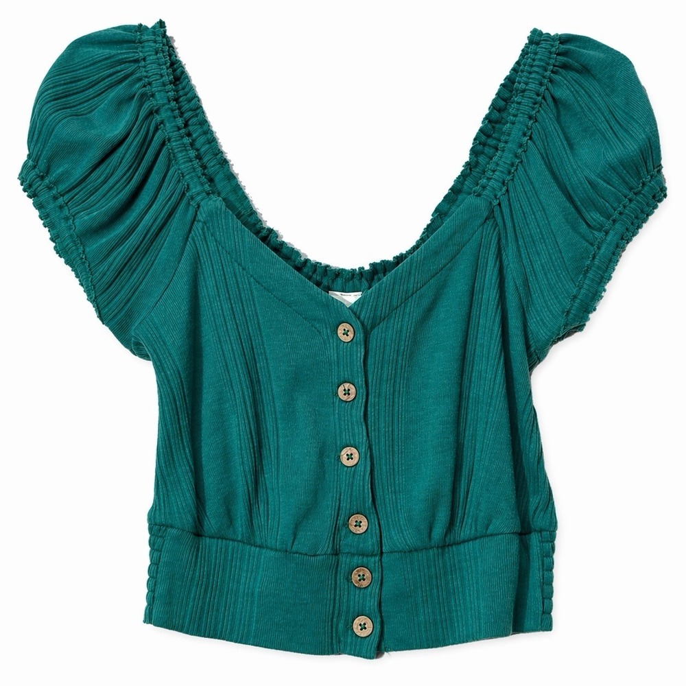 Free People Women We The Free Brighter Days Button Up Crop Tee Green Sz Small